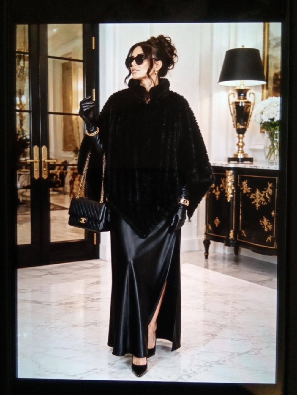 J Mclaughlin Black Faux Fur Poncho Pull Over One Size Mob Wife Old Money Datenig